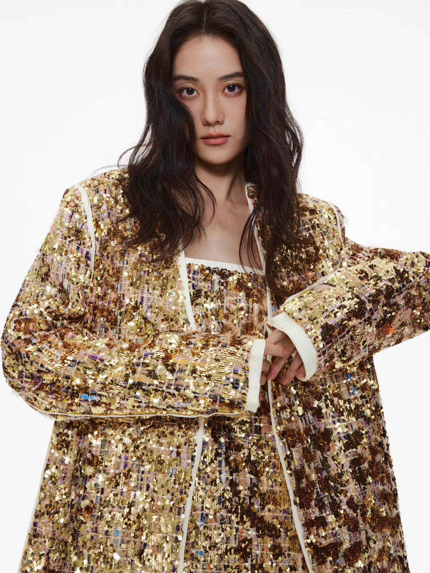 香槟金亮片西装小香风宽松外套时髦高级感穿搭