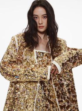 时髦高级感小香风香槟金亮片西装宽松外套