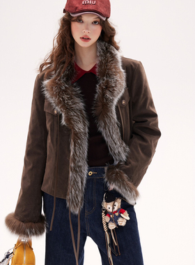 25秋冬/时髦咖色拼接狐狸毛夹克羽绒服外套女士