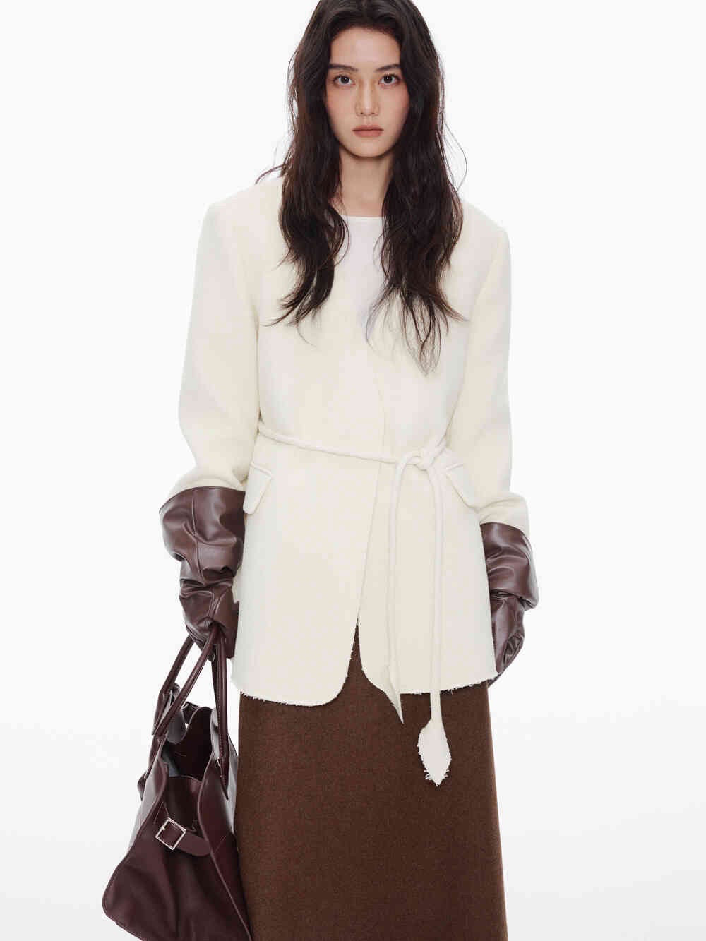 25秋冬/高级感系带杏色西装夹棉极简外套女士