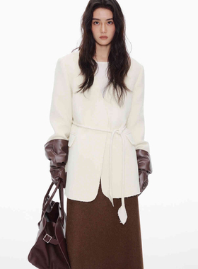 25秋冬/高级感系带杏色西装夹棉极简外套女士