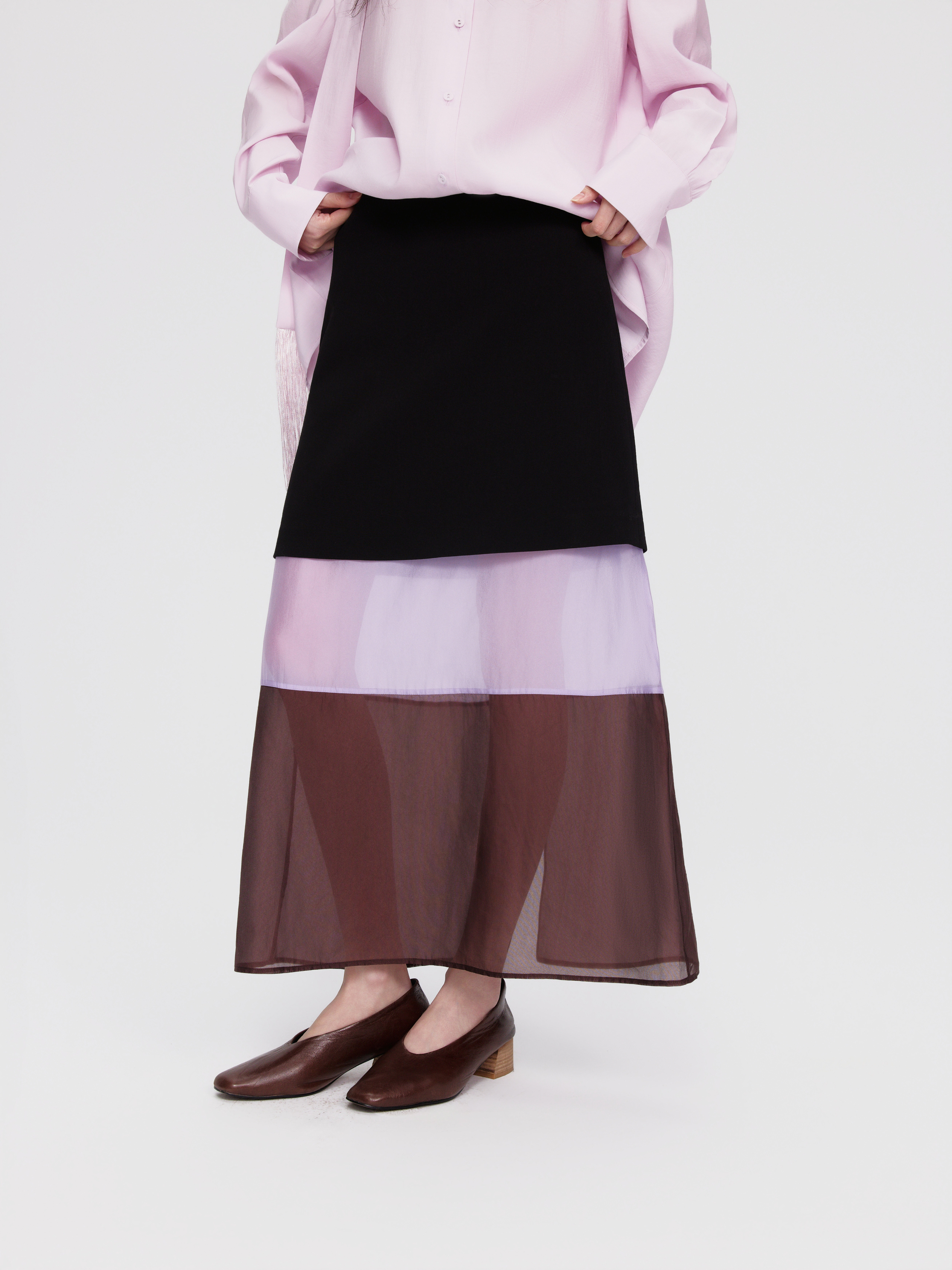 26夏 黑粉咖撞色网纱半裙欧根纱分层透视纱裙半身裙女粉色网纱裙