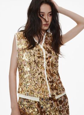 时髦高级感小香风香槟金亮片无袖马甲背心女士