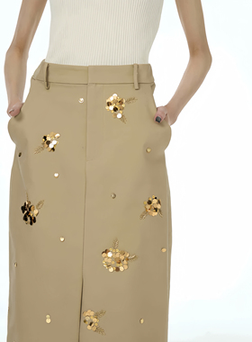 时尚卡其色纯棉直筒钉珠半身裙409556