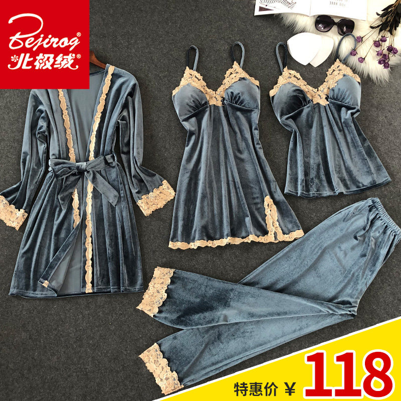 金丝绒性感睡衣女春秋冬睡袍吊带胸垫睡裙长袖蕾丝家居服四件套装