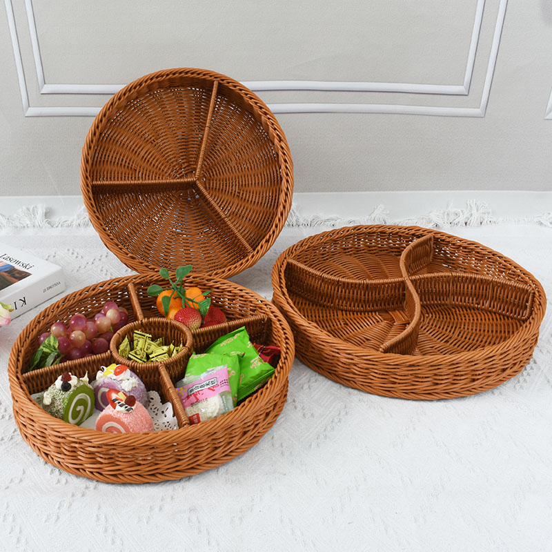 仿藤手工编织篮圆形零食糖果分格果盘家用水果篮子点心多格收纳筐