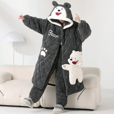 男士三层夹棉睡袍冬季加厚加绒卡通青少年中长款可外穿家居服套装