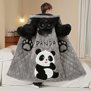 家居服套装 男士 三层夹棉睡袍中长款 珊瑚绒加厚加绒冬季 睡衣秋冬季