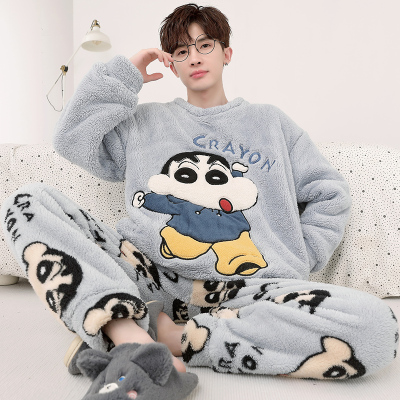 男士睡衣秋冬款冬季珊瑚绒加厚卡通青少年蜡笔小新家居服学生套装
