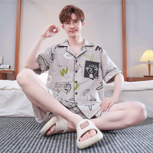 男士睡衣夏季纯棉薄款短袖卡通翻领青少年男款大码夏天家居服套装