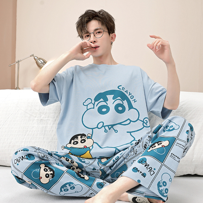 男士睡衣夏季纯棉卡通短袖休闲可外穿蜡笔小新薄款学生家居服套装