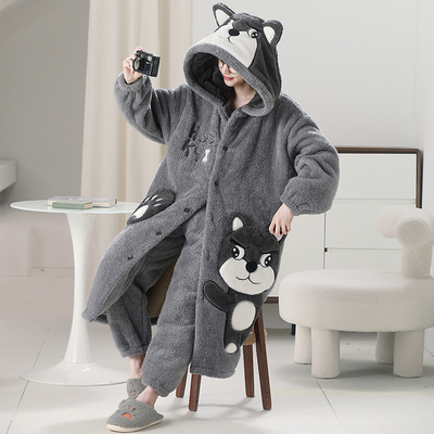 男士睡衣秋冬款冬季珊瑚绒加厚加绒卡通青少年保暖睡袍家居服套装