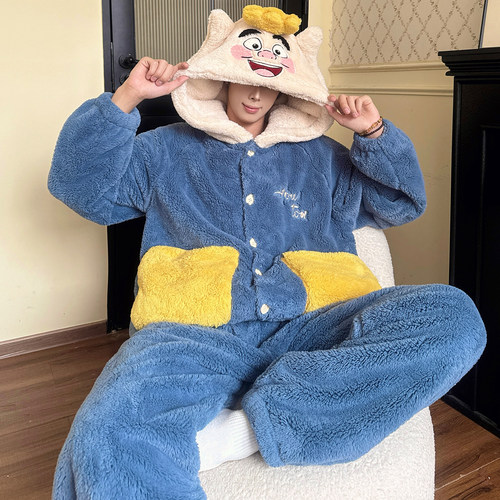 男士睡衣秋冬款珊瑚绒冬季加厚加绒卡通青少年开衫连帽家居服套装