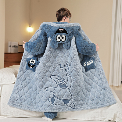 男士睡衣秋冬季珊瑚绒加厚加绒冬季三层夹棉睡袍中长款家居服套装