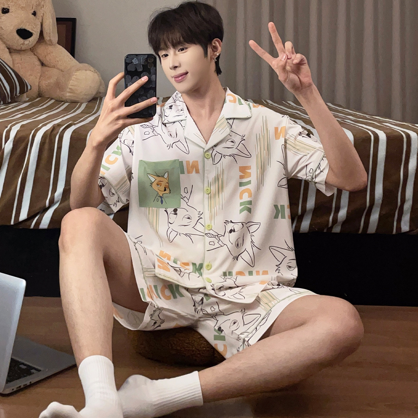 男士睡衣夏季冰雪丝短袖薄款卡通休闲小翻领开衫青少年家居服套装