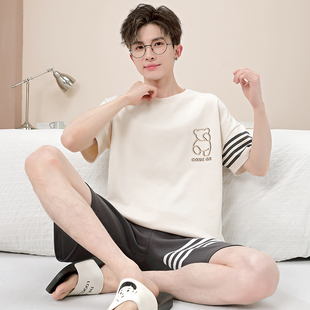 睡衣夏季 宽松青少年家居服学生套装 纯棉短袖 卡通小熊大码 薄款 男士