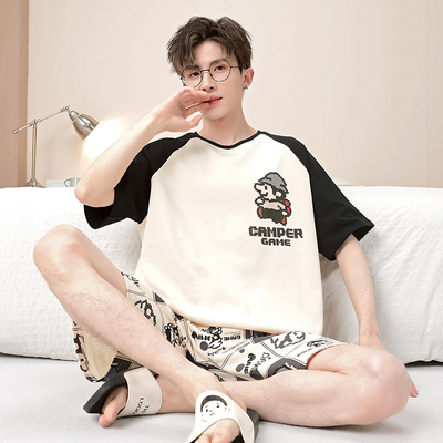 男士睡衣夏季纯棉短袖卡通马里奥大码宽松学生夏天薄款家居服套装