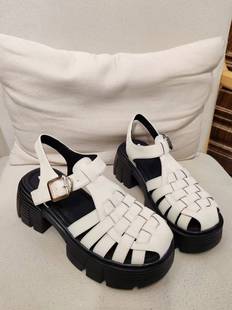 2024夏季 新款 真皮包头罗马凉鞋 女厚底增高镂空编织粗跟沙滩K女鞋