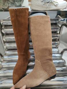 欧洲站低跟尖头胎牛皮磨砂真皮时尚不过膝长靴2025秋冬新款潮女鞋