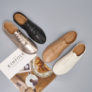 德芙琳舒适单鞋 女牛津小白皮鞋 软真鹿皮平跟圆头春秋季 2024新款