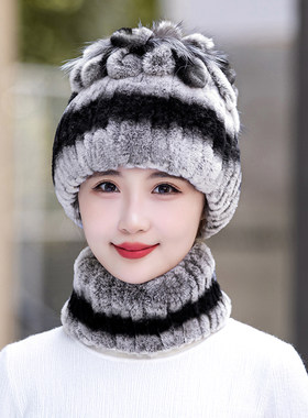 獭兔毛帽子女冬季脖套防寒保暖