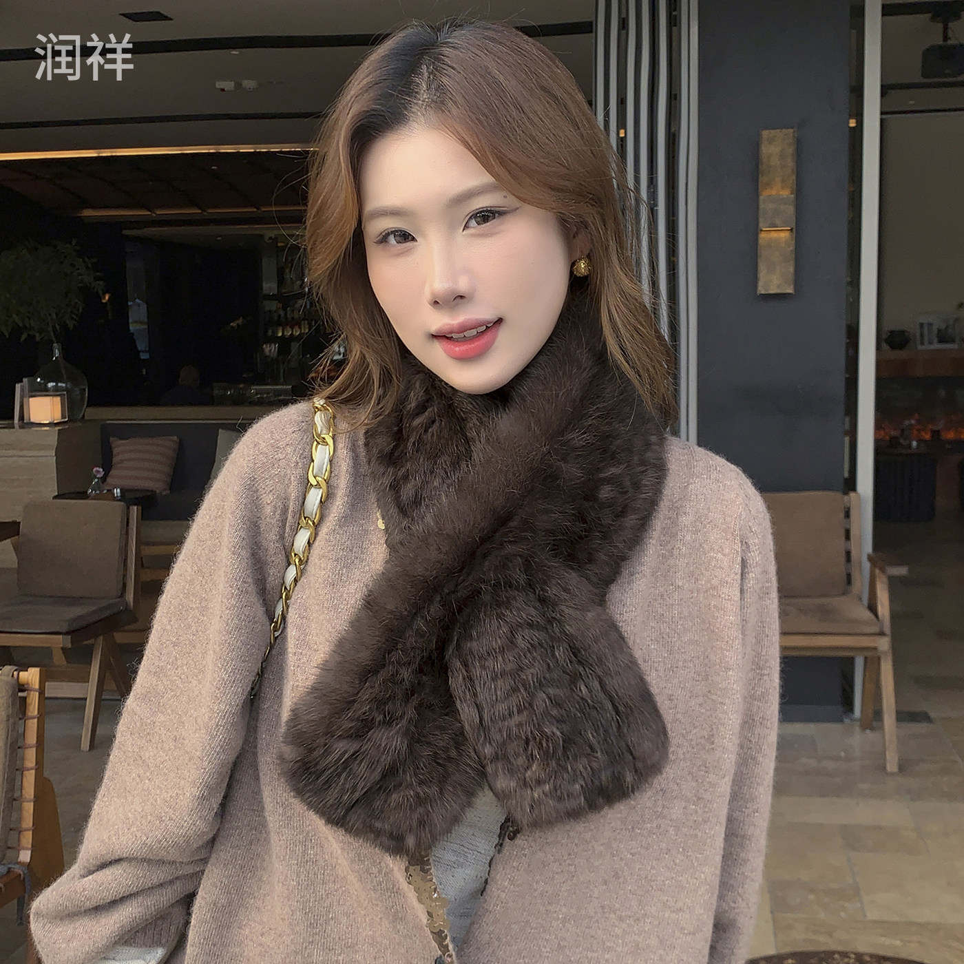 韩版手工编织兔毛皮草围巾女秋冬加厚保暖仿紫貂毛围脖高级感百搭