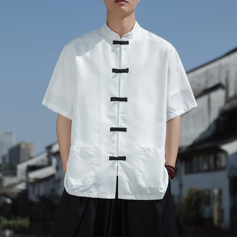 2024风新款盘扣男时尚休闲短袖衬衫414-CS211-P45，男装民族服装，四季星座414
