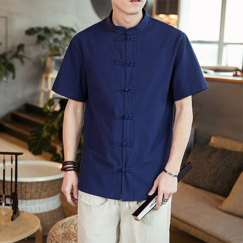 2024夏装新款男风盘扣复古短袖衬衫上衣414-H40-F35,男装衬衫,四季星座414