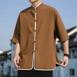 2024夏款风仿麻汉服短袖衬衫414-H008-F60，男装衬衫，四季星座414
