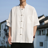 2023风衬衫复古棉麻盘扣短袖衬衣414-H009-P65，男装衬衫，四季星座414