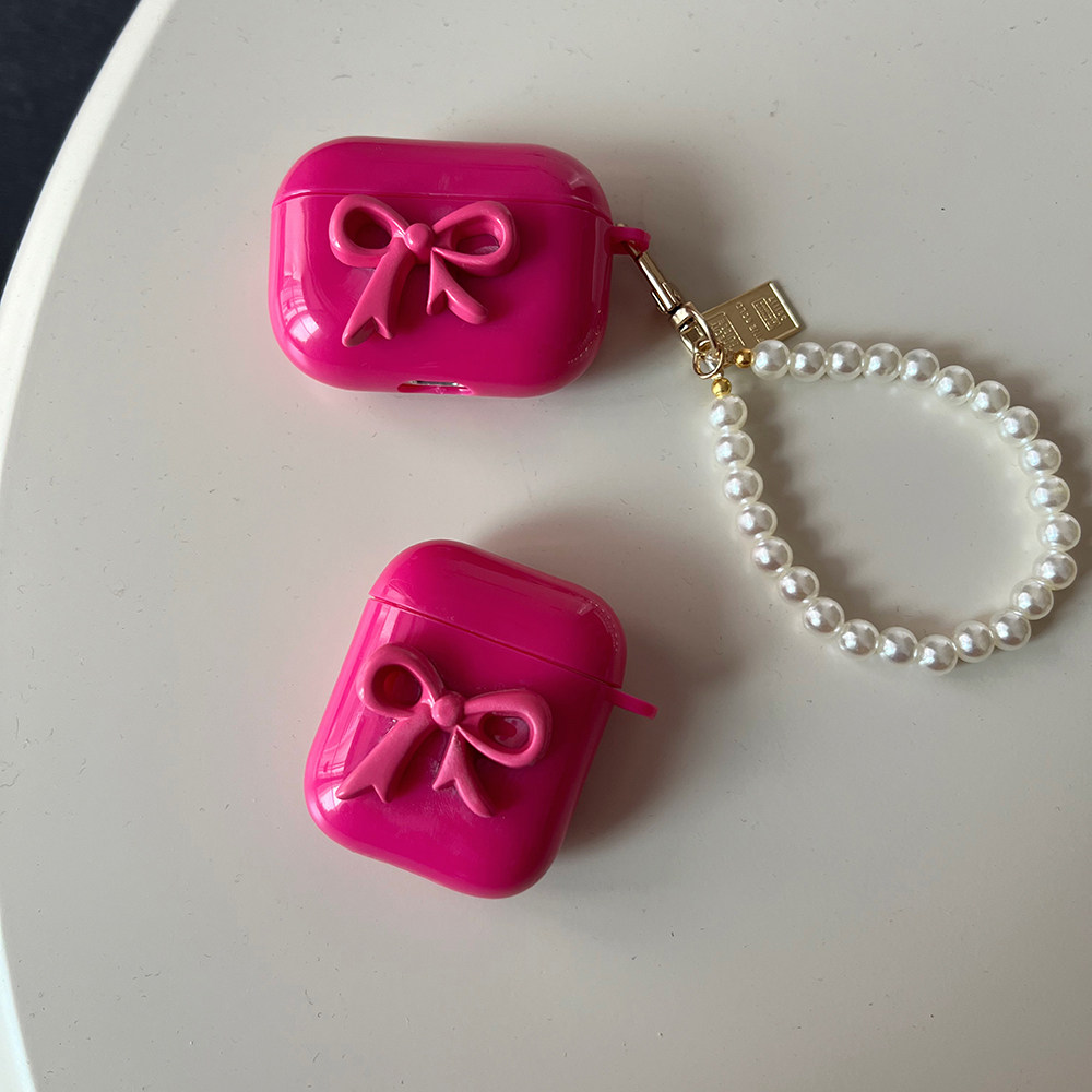ins玫红蝴蝶结珍珠链适用AirPods4保护套新款iPod苹果