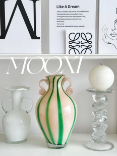 中古风奶黄条纹绿色玉感芬顿双耳玻璃美人花瓶水养插花器摆件装饰