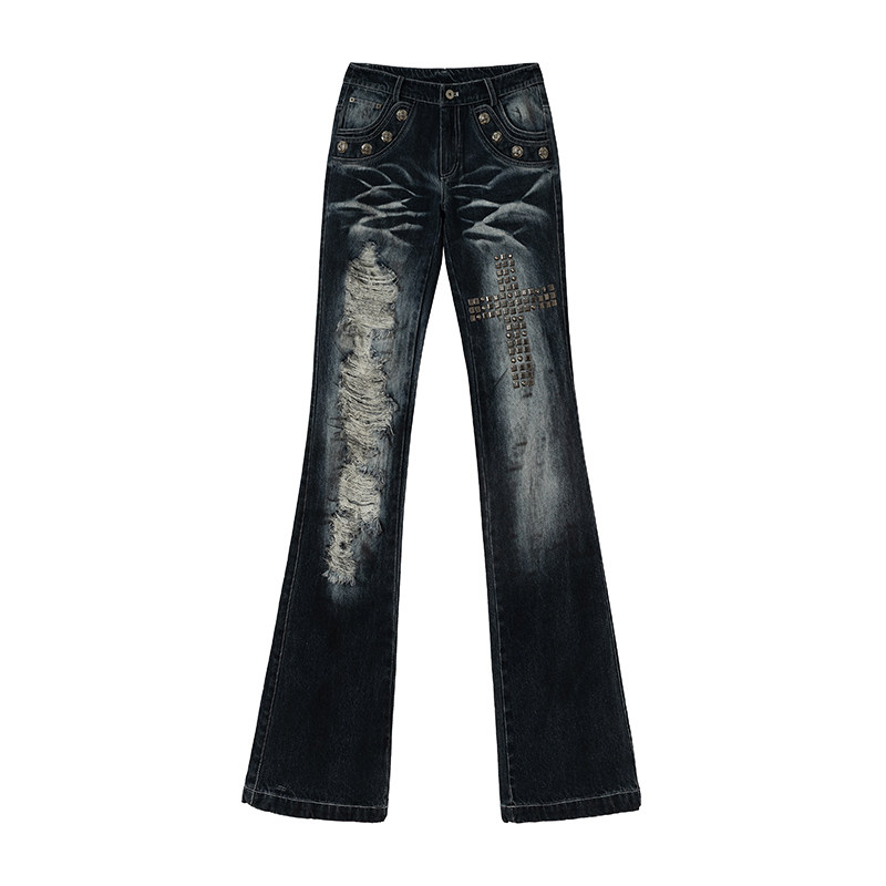 thumbnail for NO ROMANCE Rock Street Punk Hot Drill Heavy Wash Wear Versatile Slim Fit Straight Denim Pants