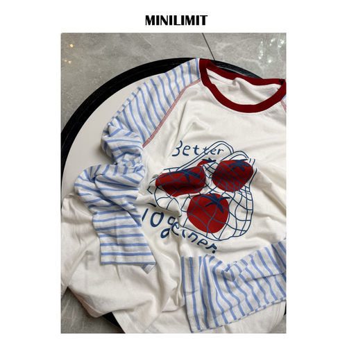 DY869 西红柿印花防晒轻薄T恤夏季撞色条纹插肩长袖上 MINILIMIT