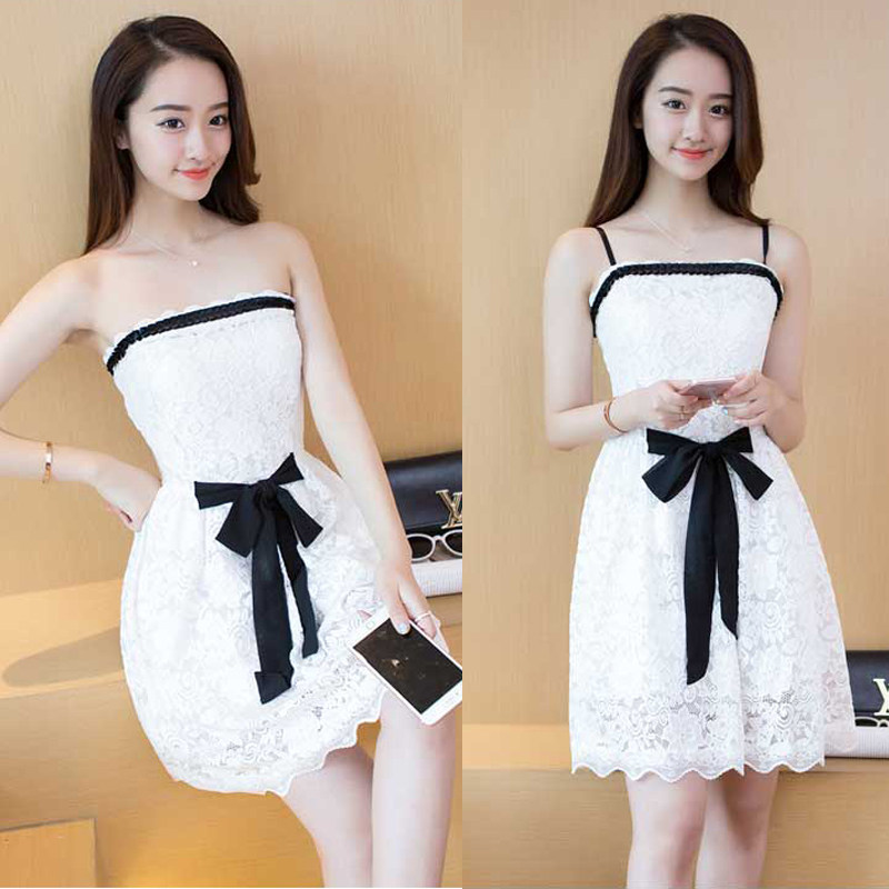 秋冬新款夜店性感一字领露肩抹胸短裙吊带蕾丝a字裹胸蓬蓬连衣裙