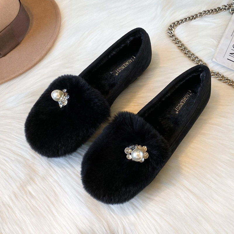 黑色毛毛鞋女秋冬外穿2025新款松糕厚底豆豆鞋女加绒兔毛大码棉鞋,女鞋,乐福鞋（豆豆鞋）,淘宝优惠券,粉丝福利购,淘宝优惠卷