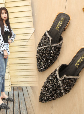 包头半拖鞋女外穿无后跟懒人鞋女粗跟尖头半托凉拖鞋大码41到43夏