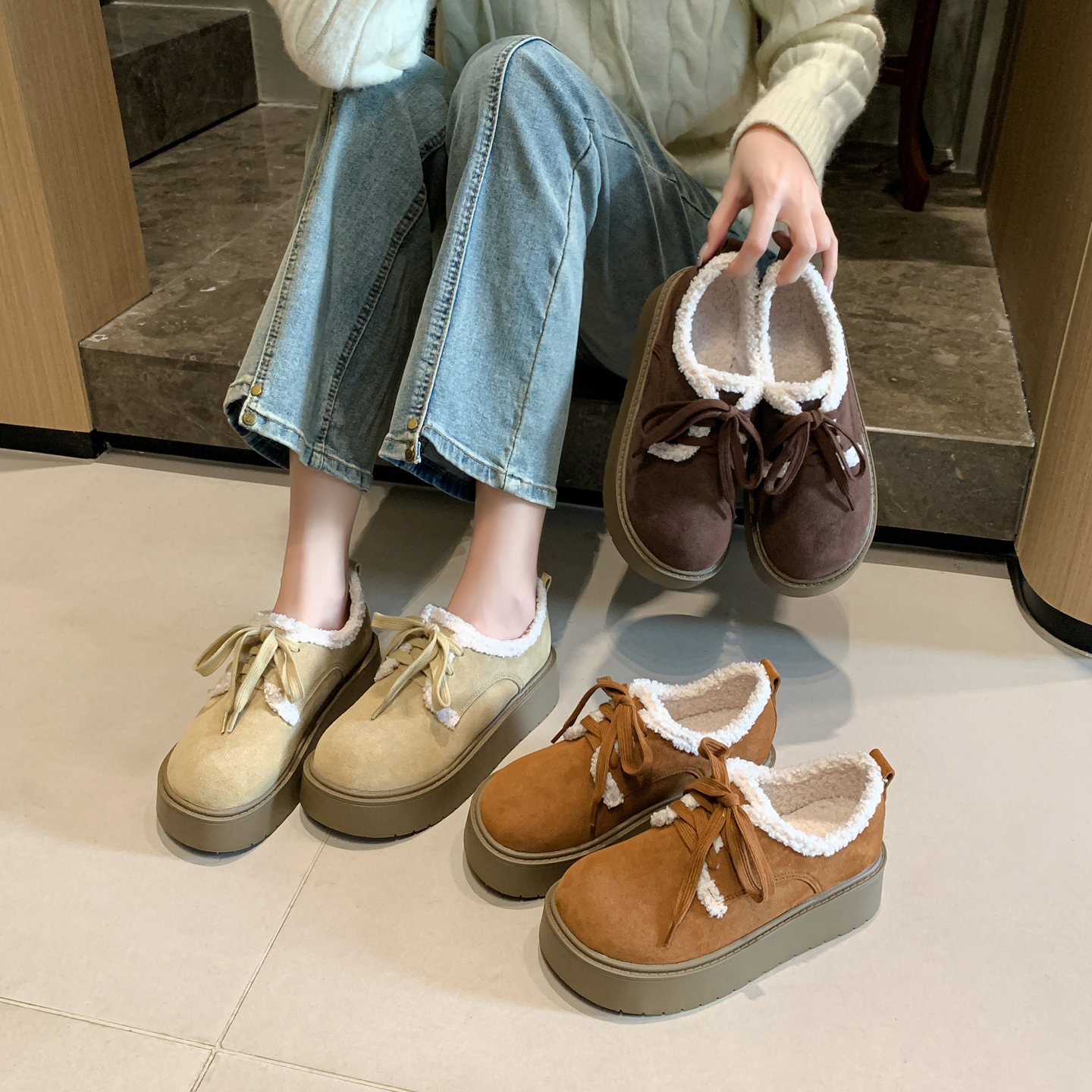 牛皮版~小个子厚底勃肯鞋女秋冬雪地毛毛鞋加绒保暖小码女鞋32 33