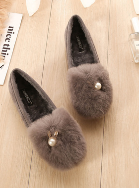 豆豆鞋女冬2025春秋毛毛鞋加绒厚底大码女鞋41到43外穿兔毛棉瓢鞋