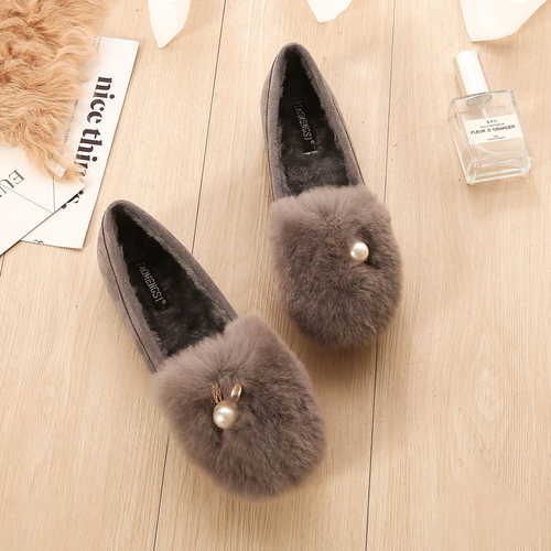 真皮兔毛棉鞋女软底外穿加绒保暖