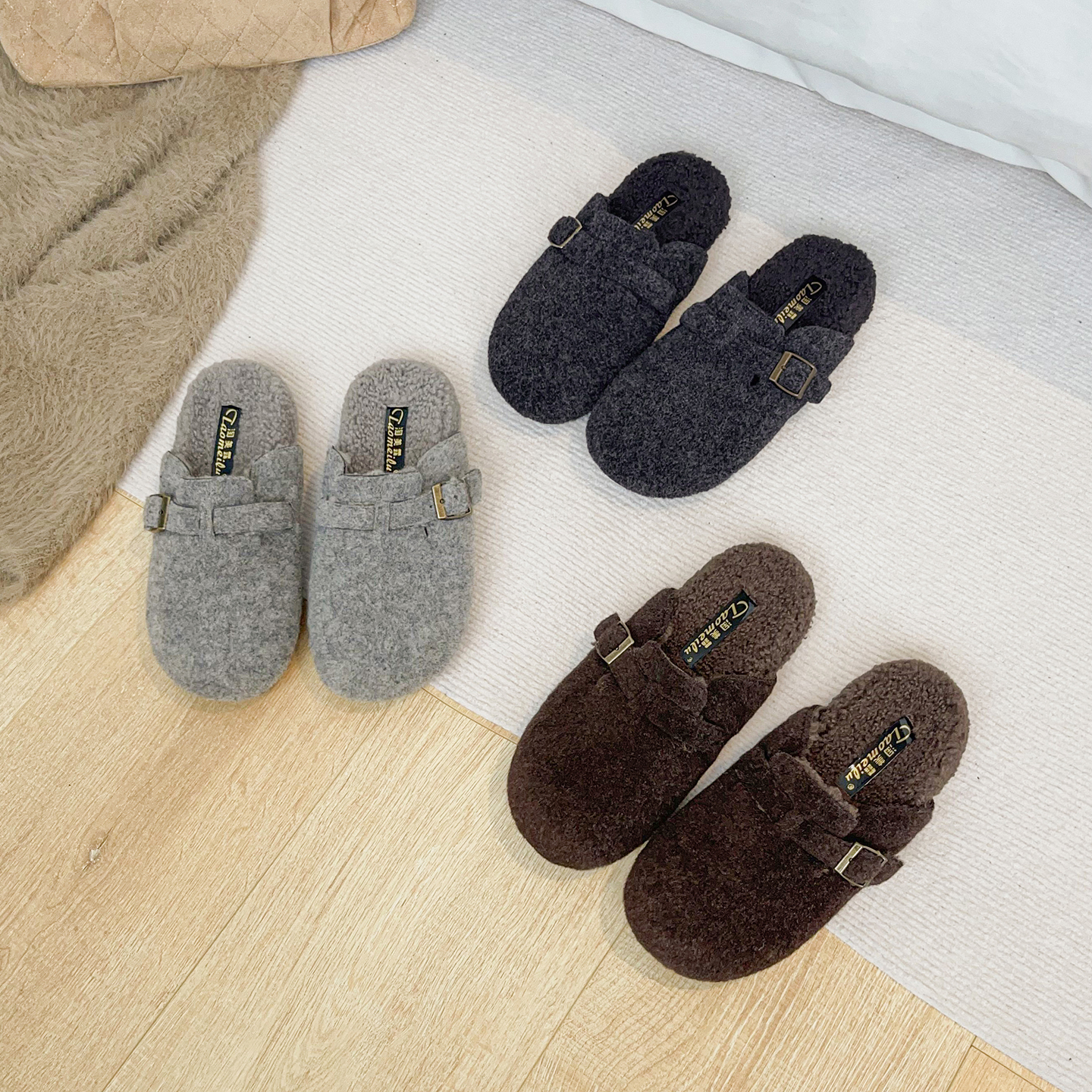 厚底内增高勃肯鞋加绒保暖毛毛鞋女冬外穿包头半拖棉鞋大码41到43