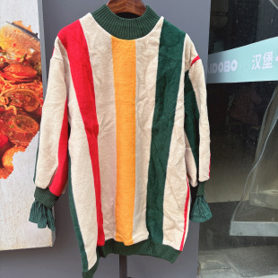 韩版宽松显瘦彩虹条纹连衣裙女加绒长袖竖条套头羊毛绒中长款卫衣