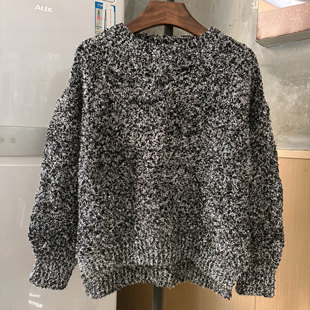 新款高品质复古闪光亮丝圆领毛衣女慵懒风宽松银丝毛绒针织衫上衣