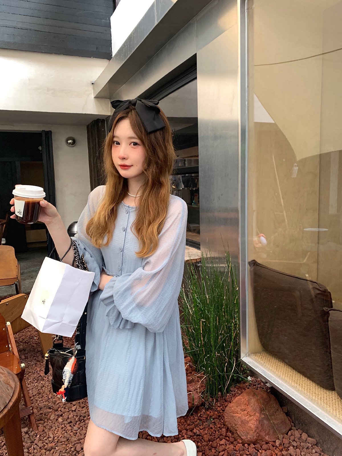 sosocat 层层涟漪的蓝色 前后两穿雪纺连衣裙甜美薄纱袖仙女裙