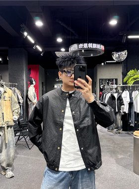 青年休闲圆领皮衣夹克男士春季黑色百搭短款外套痞帅都市潮男上衣
