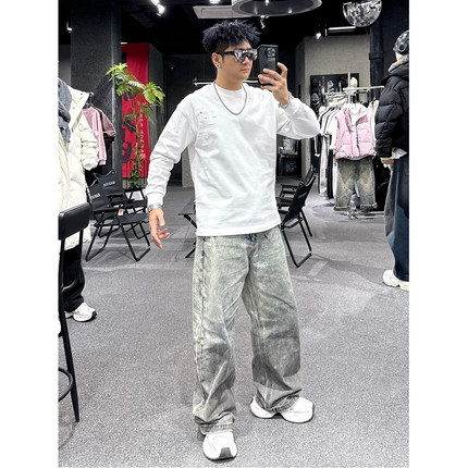 202春季新款全棉重磅长袖T恤男个性设计感圆领套头潮男打底衫上衣