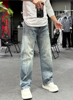 美式复古水洗直筒牛仔裤男宽松阔腿裤百搭高街潮牌长裤日常百搭裤