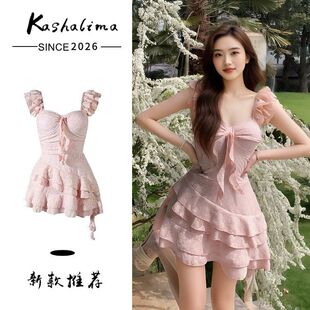 甜美樱花粉少女纯欲连体泳衣小飞袖 显瘦遮肚温泉度假泳衣2026