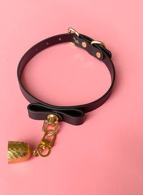 蝴蝶结项圈头层软牛皮女牛铜铃铛