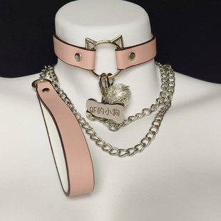 专属刻字狗牌猫咪爱铃铛项圈女皮革choker粉色牵引绳颈带男颈脖圈